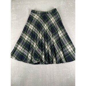 True Vintage Wool Skirt Women's Medium Green Plaid Pleated Midi Tartan